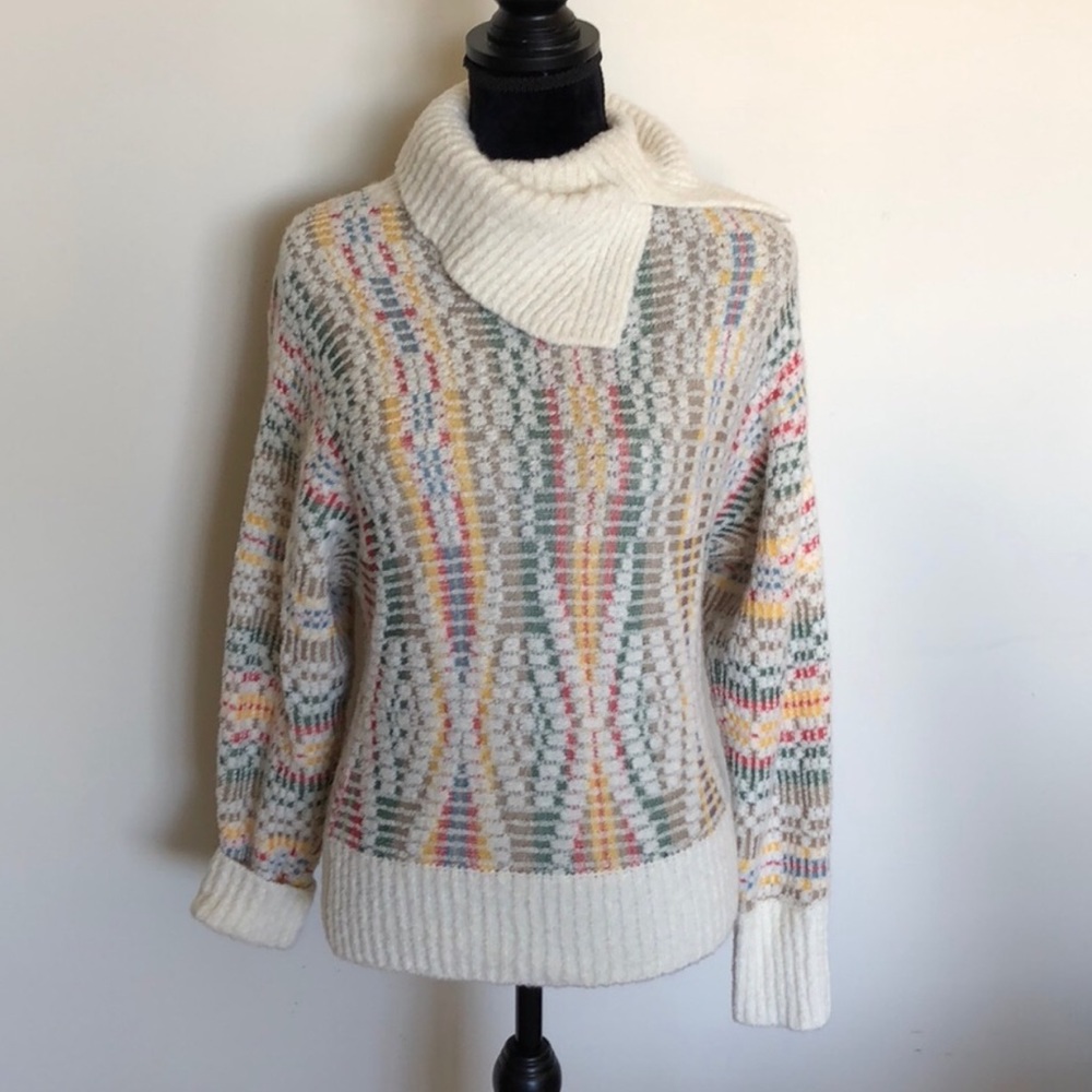 Anthropologie Sleeping on Snow Cream Multi-Color Patterned Turtleneck Sweater